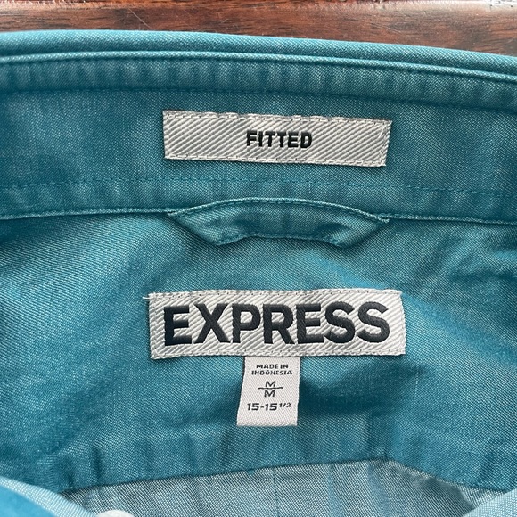 Express Fitted Button Down Dress Shirt Teal Blue Medium Size 15-15 1/2 - Picture 4 of 10